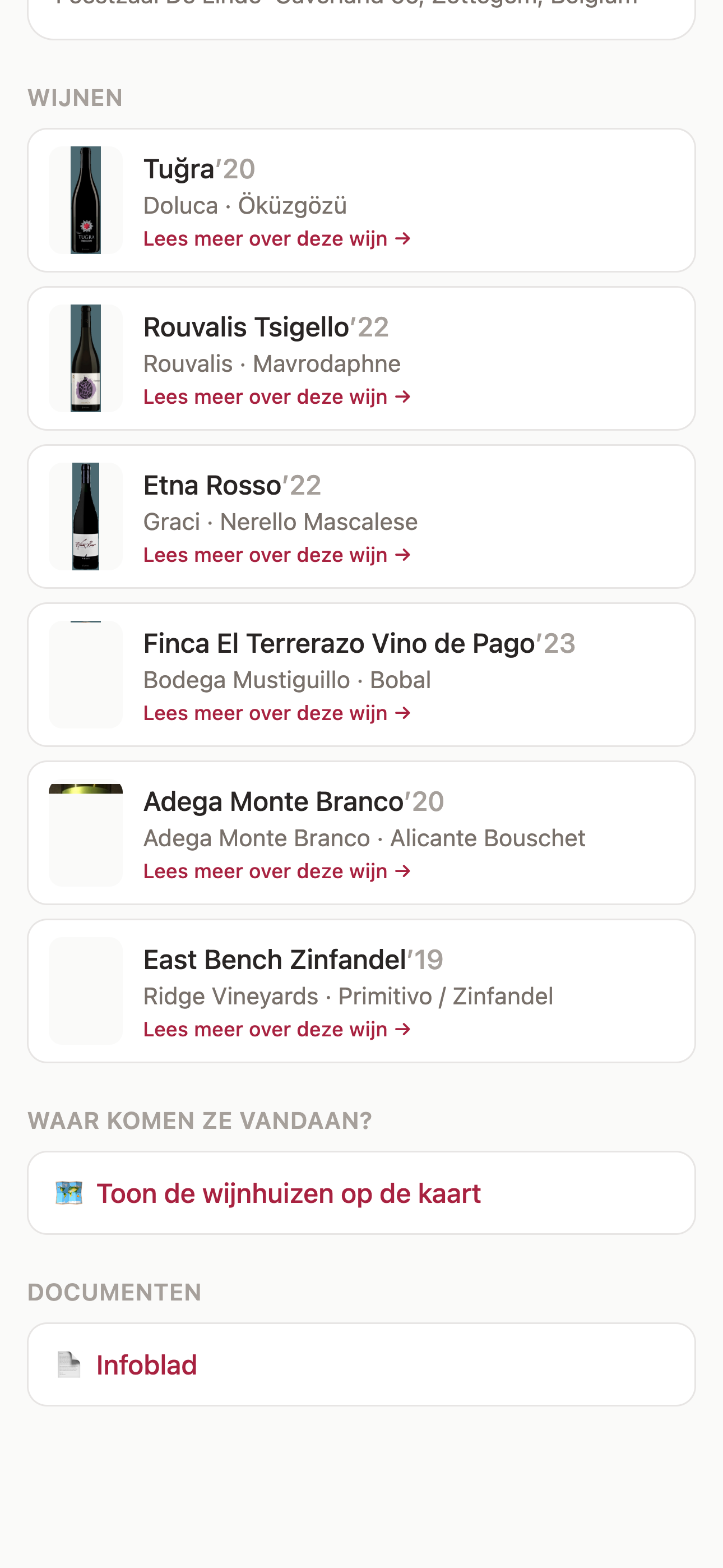 De wijnlijst van een proefavond in WineFlow, met flesfoto en uitleg per wijn.